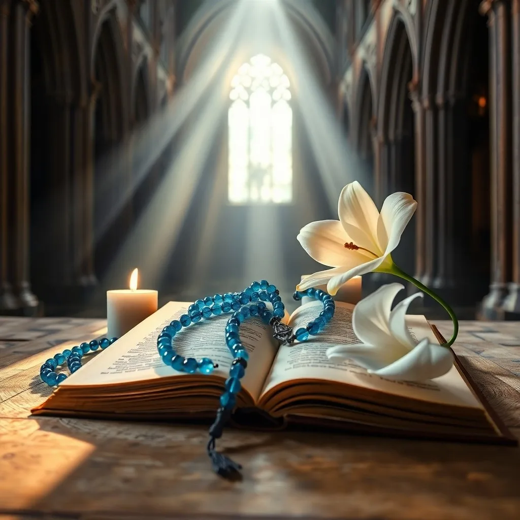Pintura al óleo de una Biblia antigua, taza de té y flores en mesa de madera con luz solar