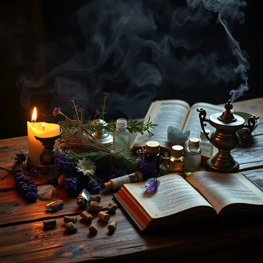 An antique wooden table with various dried herbs in small glass jars, a mortar and pestle, a worn leather-bound grimoire open to botanical illustrations, soft candlelight, rich textures, moody lighting.
