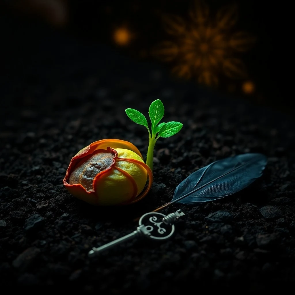 Naturaleza muerta cinematográfica de un antiguo texto alquímico abierto sobre un escritorio de madera, iluminado por la luna, con un reloj de arena y una esfera de obsidiana.