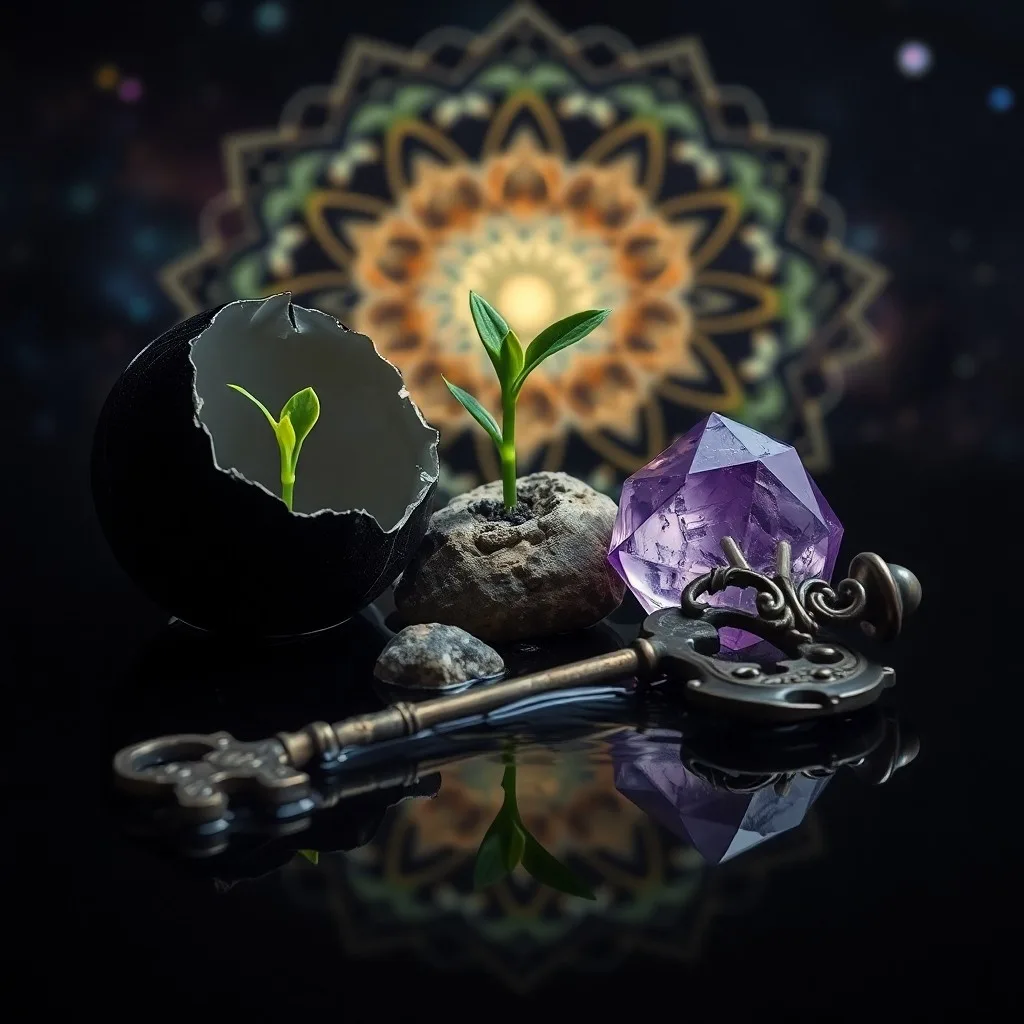 Arte conceptual de un planeta fragmentado con cráteres sombreados, reensamblándose a partir de fragmentos cristalinos brillantes contra un fondo de estrellas frías.