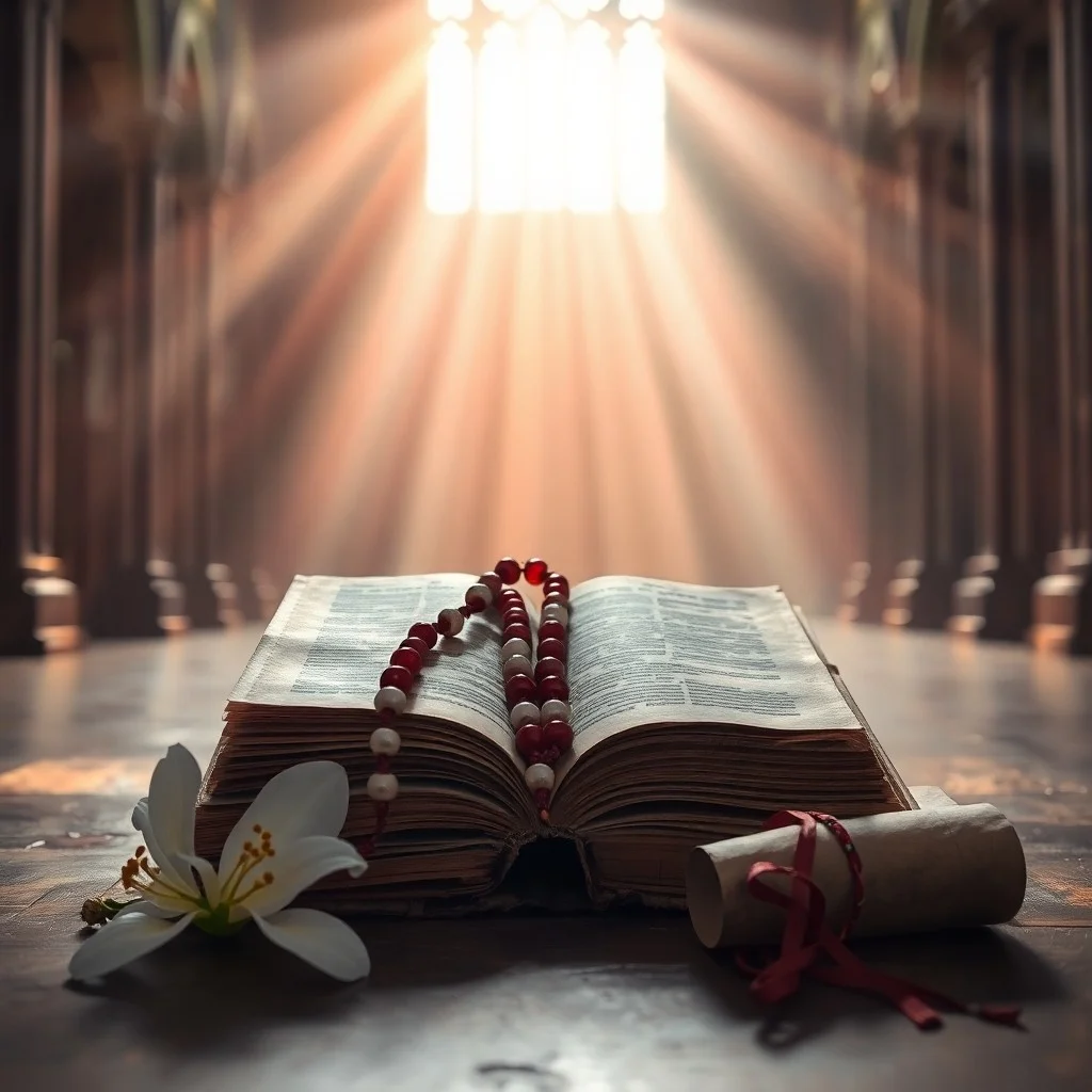 Pluma de ave sobre un diario antiguo abierto, con lirios secos, evocando la vida de Santa Faustina y sus revelaciones.