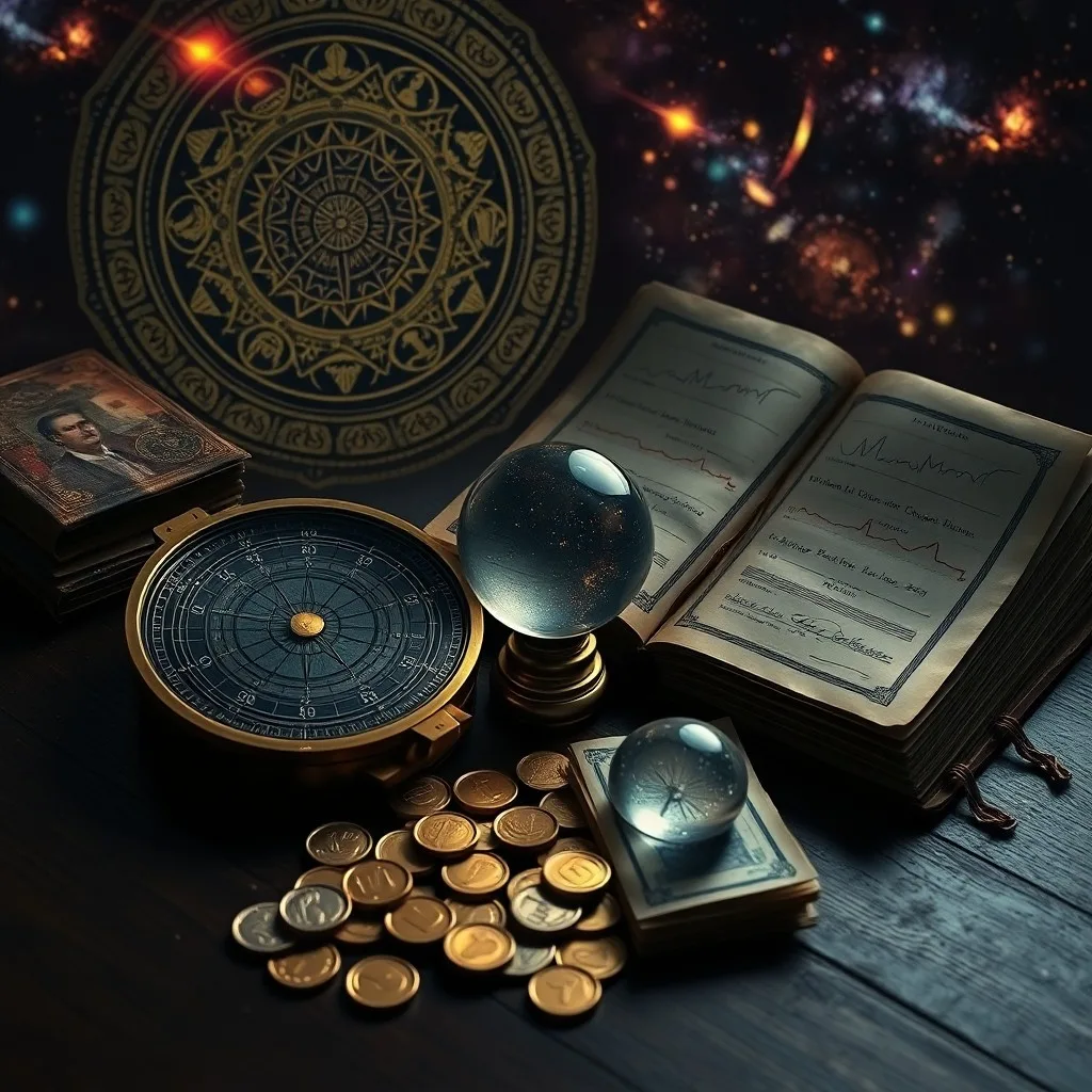 Fotografía cinematográfica de un telescopio antiguo apuntando a un mapa mundial, con monedas y un tratado económico en cuero, bajo una luz dramática.