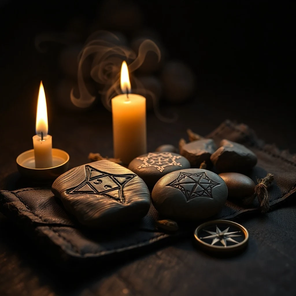Polished runestones resting on a velvet cloth next to an antique leather-bound book and a flickering candle, soft ambient light, rich textures.