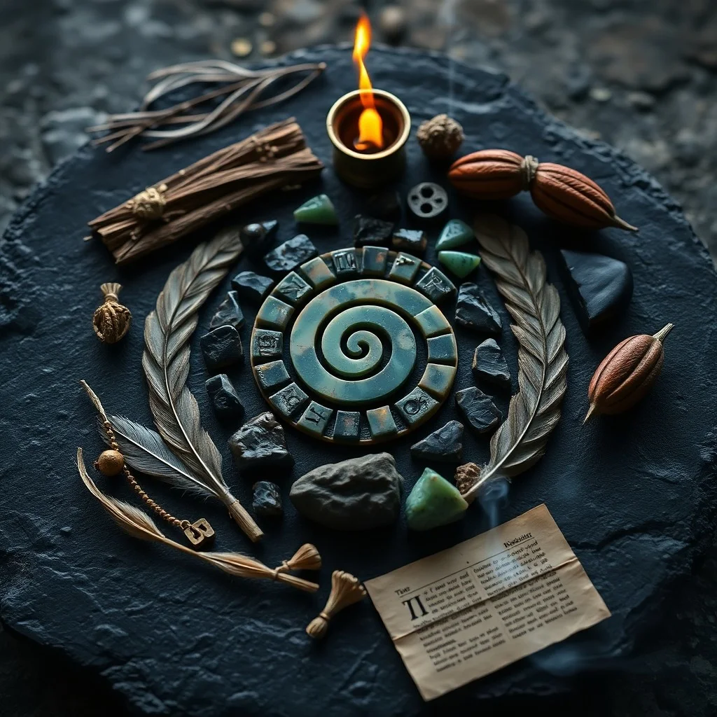 Fotografía cinematográfica de naturaleza muerta de una talla de jade desgastada con el glifo maya 'Imix', rodeada por trece piedras de obsidiana pulidas sobre una tela oscura, con luz dramática.