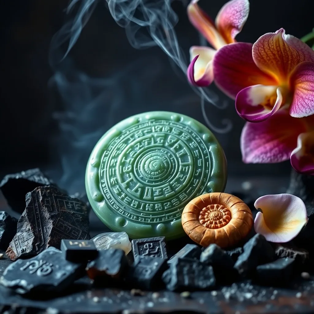 Renderizado 3D conceptual de una rueda de calendario maya (glifos Haab') hecha de energía etérea brillante, flotando sobre follaje de selva exuberante, con fragmentos de cerámica antigua y un aura mística.