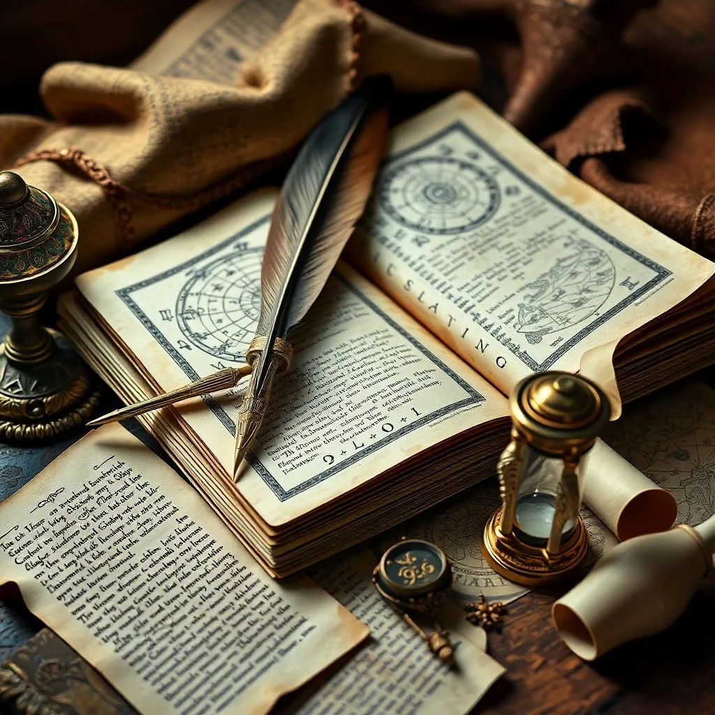 Still life of a vintage typewriter on a desk with scattered notes and astrological symbols, bathed in soft light, symbolizing intellectual work and communication.