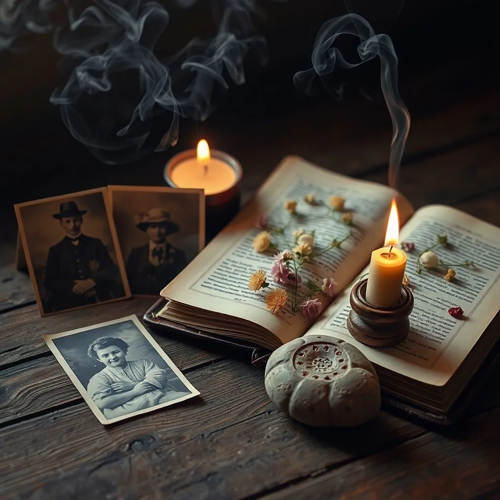 Antique wooden altar with candles, dried herbs, a faded photograph, and fruit offerings.