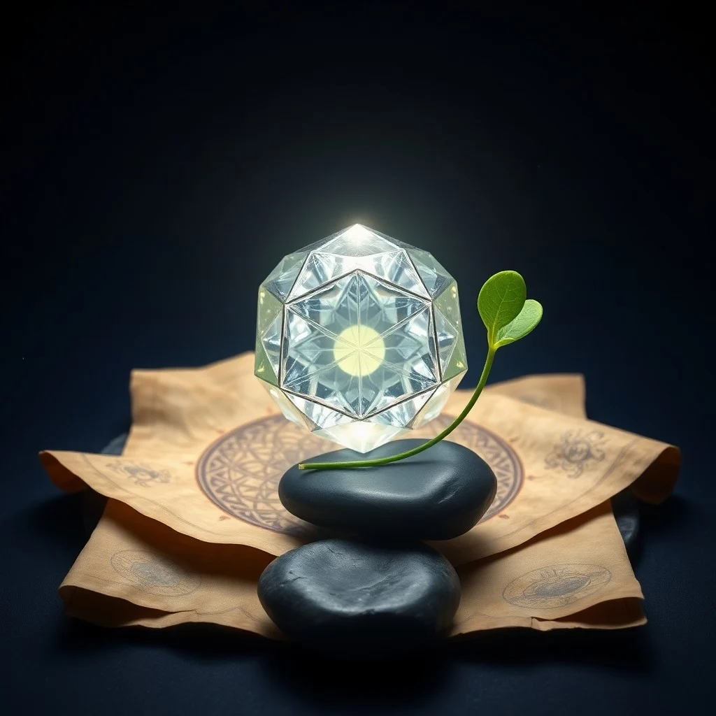 An antique brass compass, crystals, and a Flower of Life diagram on a wooden table.