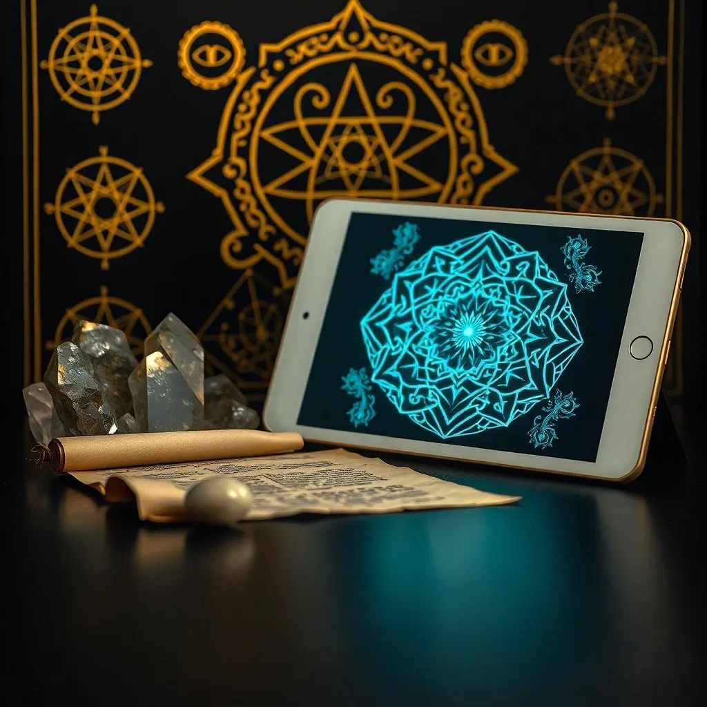 A glowing Metatron's Cube above a reflective pool, surrounded by energetic flow.
