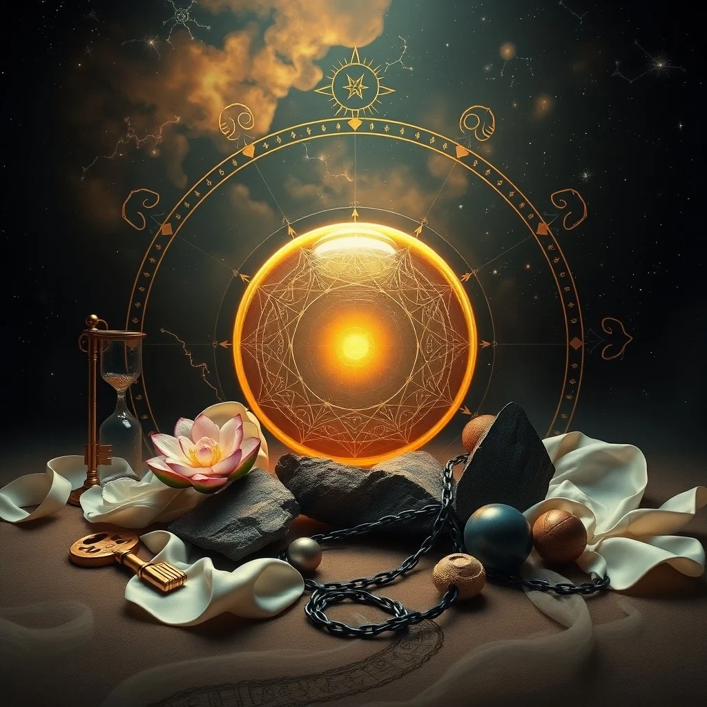 Pintura al óleo de una bola de cristal con galaxia, rodeada de símbolos zodiacales abstractos en terciopelo, simbolizando el destino astrológico.