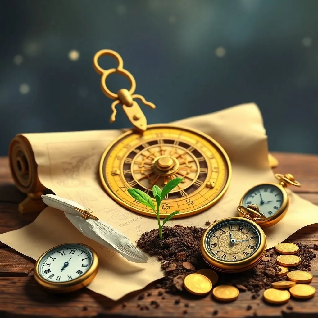 Antique desk with business contract, pen, compass, and golden coin