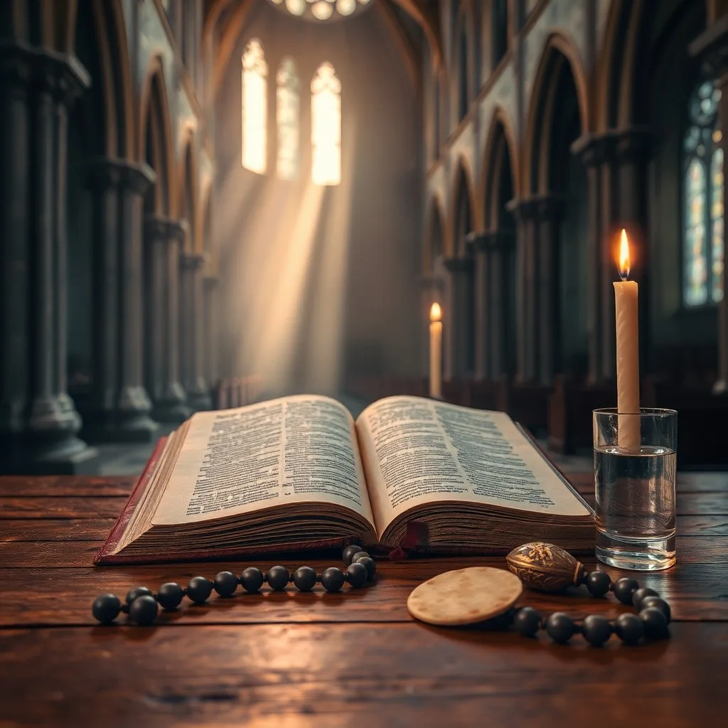 Tazón de madera con lentejas secas y un vaso de agua en una mesa rústica, con un rosario, simbolizando humildad y sustento en la práctica espiritual.