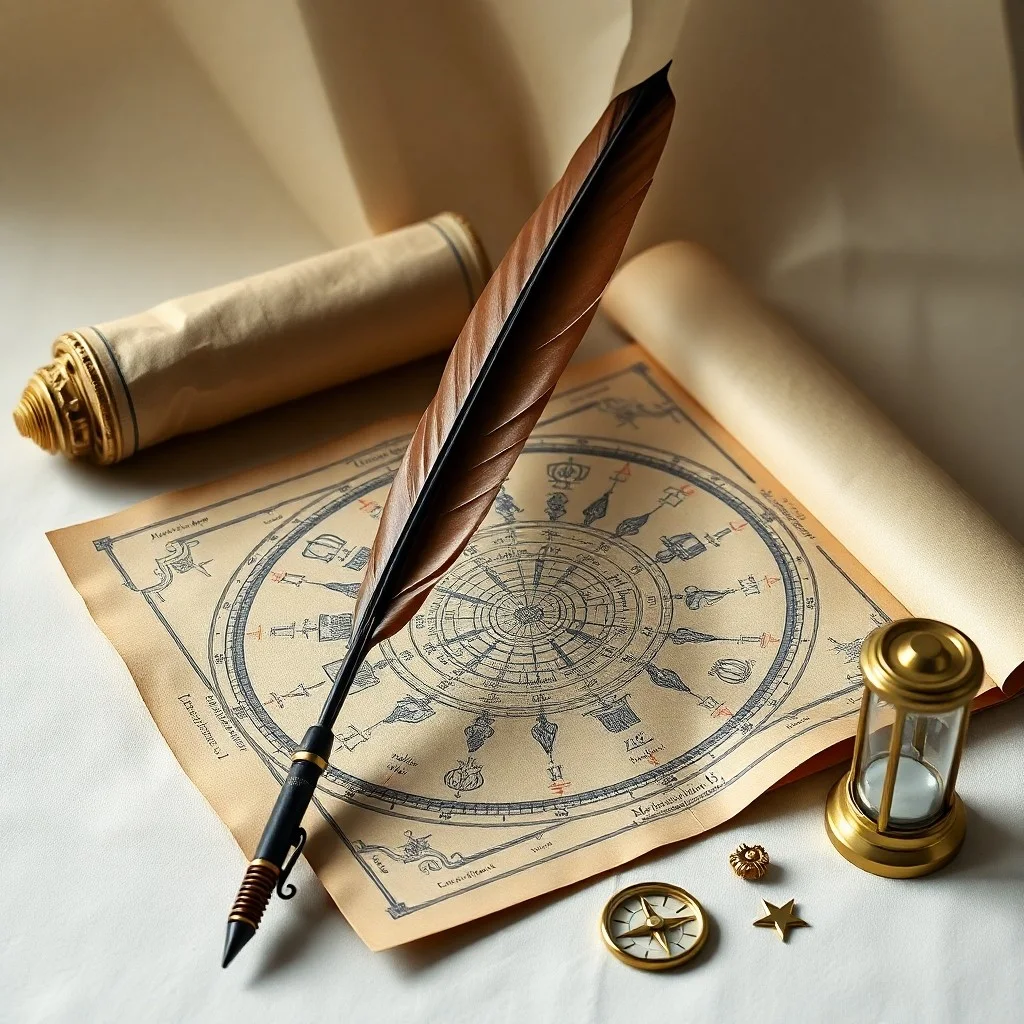 Vintage typewriter with scattered notes, tea, and a globe on a wooden desk, bathed in warm light.