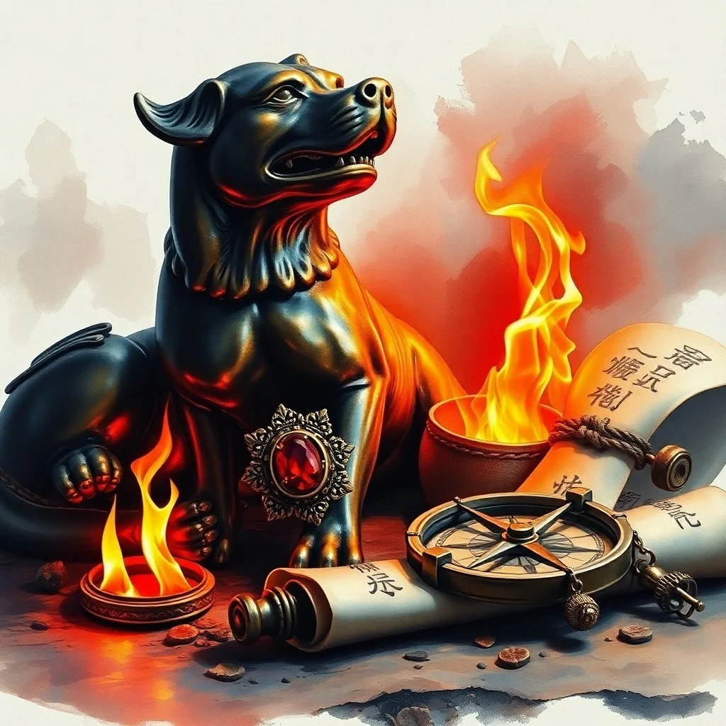 Fotografía cinematográfica de un diario abierto con un emblema de perro de fuego, una vela y una pluma, simbolizando el legado y la estrategia.
