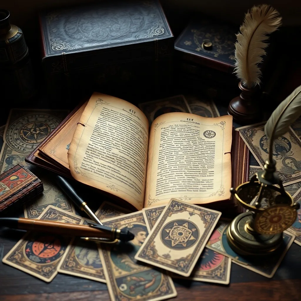 Vintage brass magnifying glass on a journal with esoteric symbols, next to a carved wooden box.