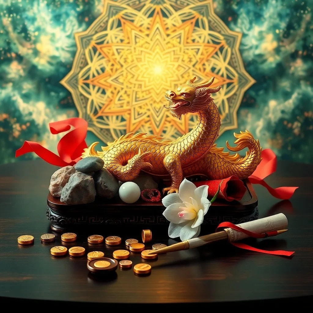 Fotografía macro de una colección de monedas de jade y oro pulidas, dispuestas en un patrón circular sobre seda oscura.