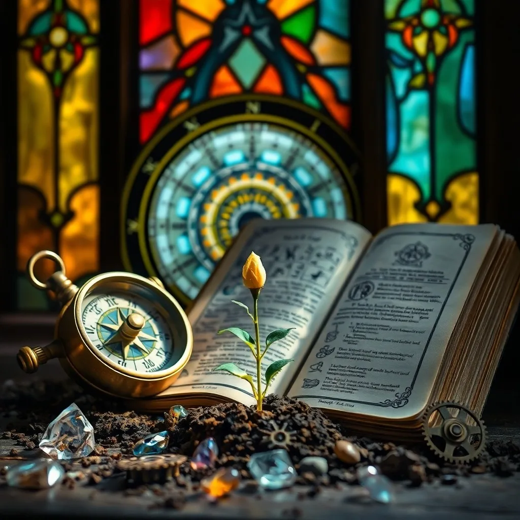 Un antiguo astrolabio de latón sobre libros de cuero, con una carta astrológica abierta y una pluma, bajo una luz dramática.