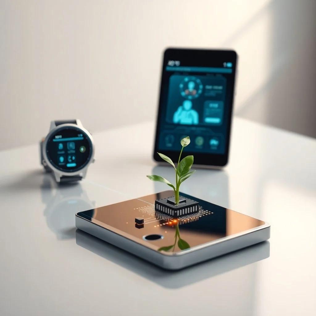 Escritorio vintage con smartwatch moderno, libros de medicina antiguos y proyección digital.