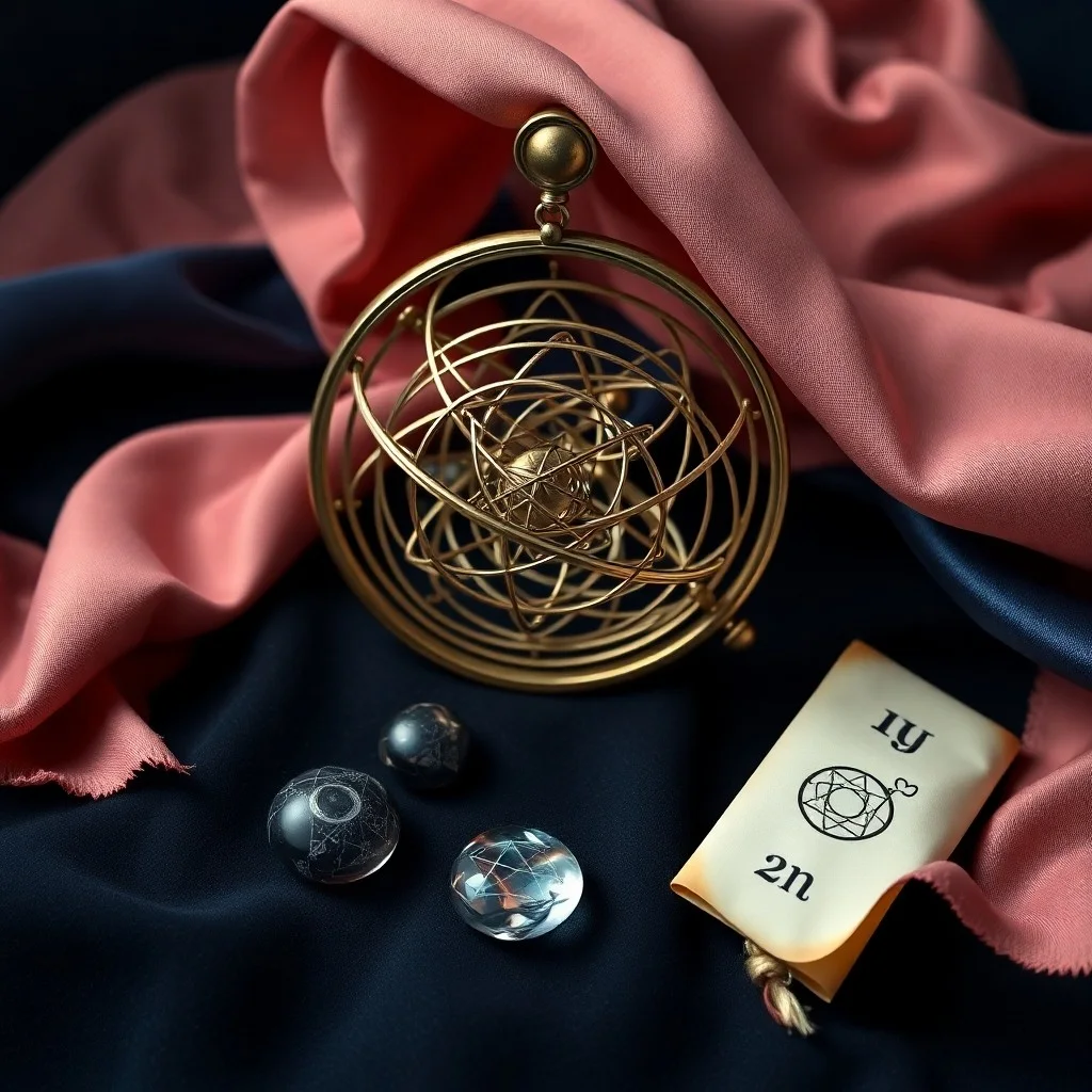 Cinematic still life of an antique brass telescope pointing towards a starry night sky, with scattered rose petals and a well-worn astrology book open on a wooden table. Soft, warm lighting, focus on texture and atmosphere.