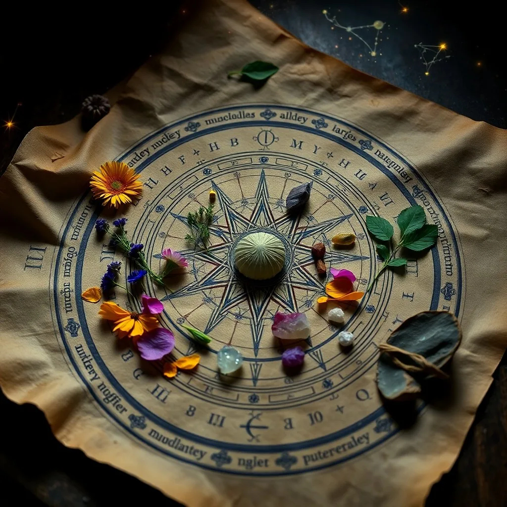 Mandala tridimensional brillante de hierbas y flores que representan los planetas.
