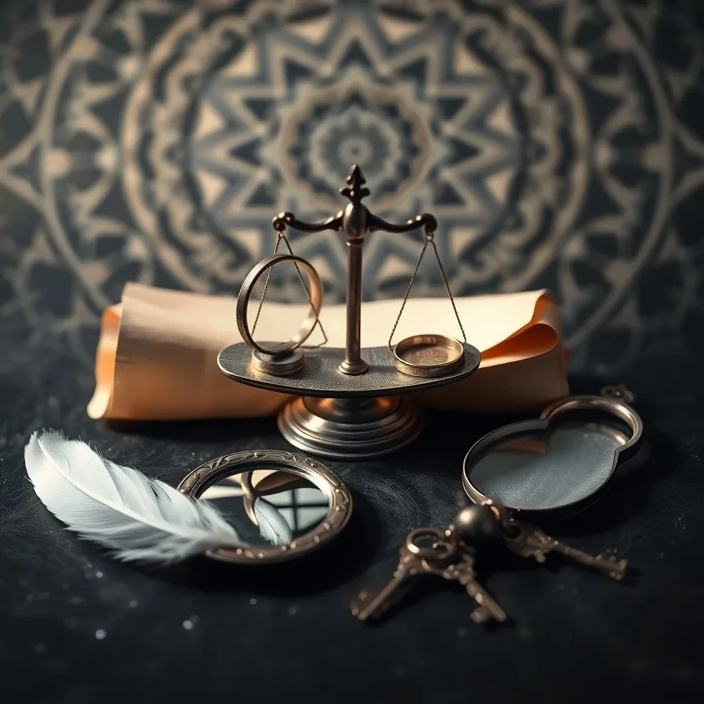 Cinematic still life of an antique, ornate wedding band resting on a parchment scroll with abstract astrological symbols, illuminated by a soft, warm glow. Focus on texture and intricate detail.