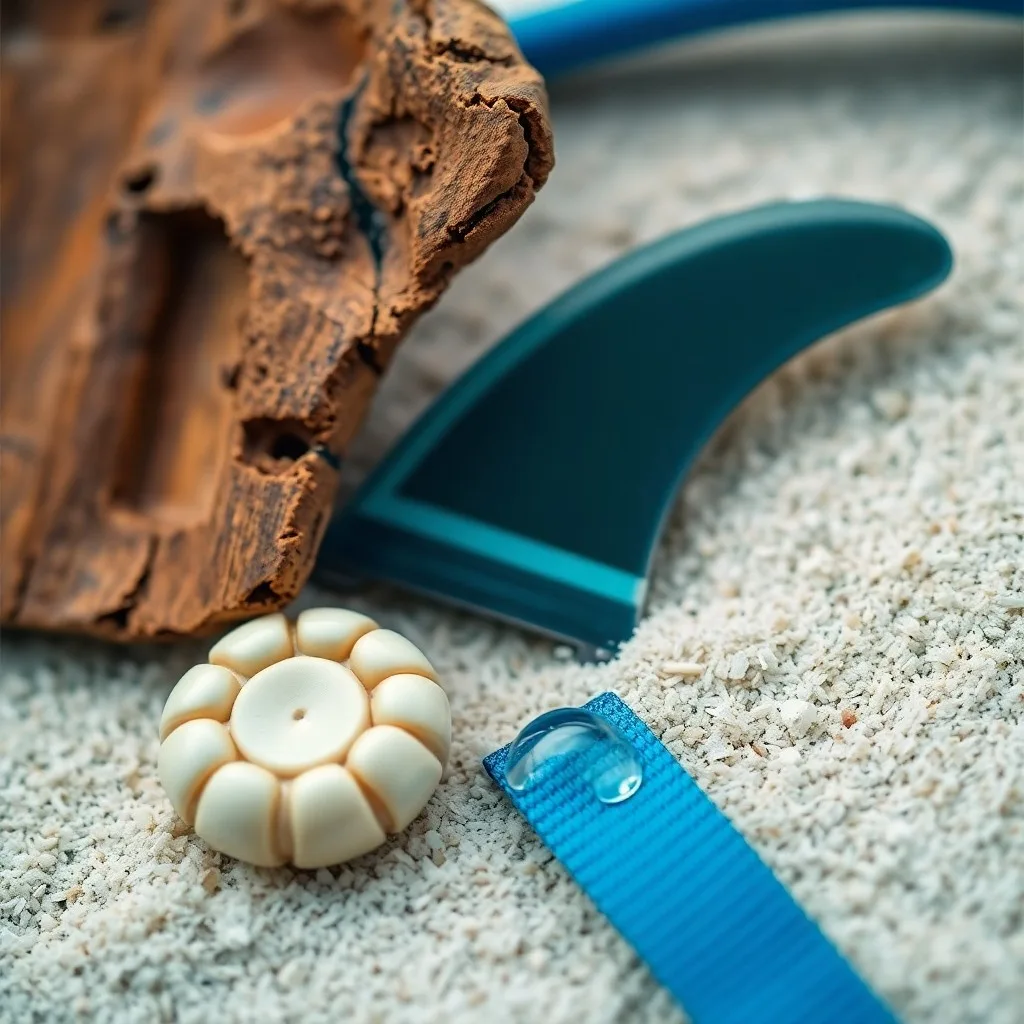 Renderizado 3D de una tabla de surf vintage de madera apoyada en una cabaña de playa, con vegetación tropical y luz suave.