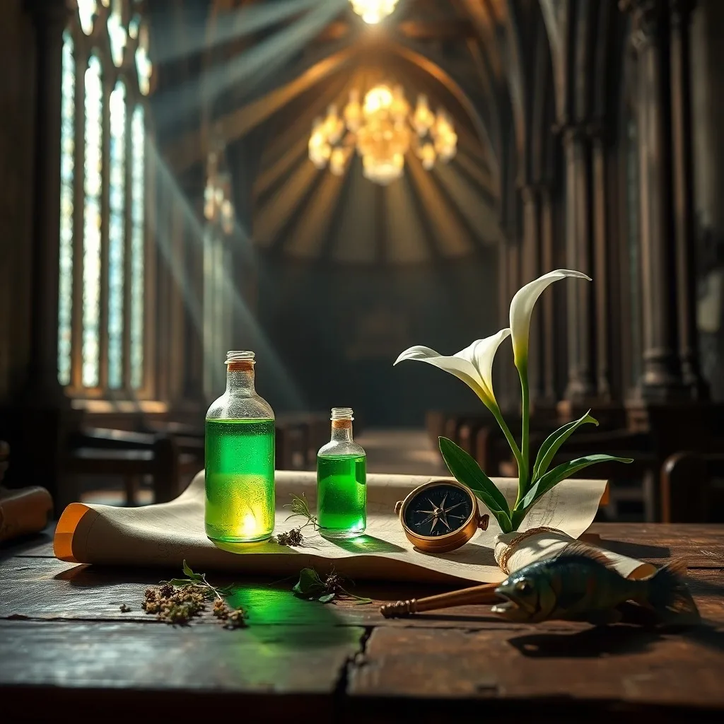 Fotografía macro de un frasco de peregrino, un bastón rústico y un pez iridiscente sobre hierbas curativas, con luz cálida.