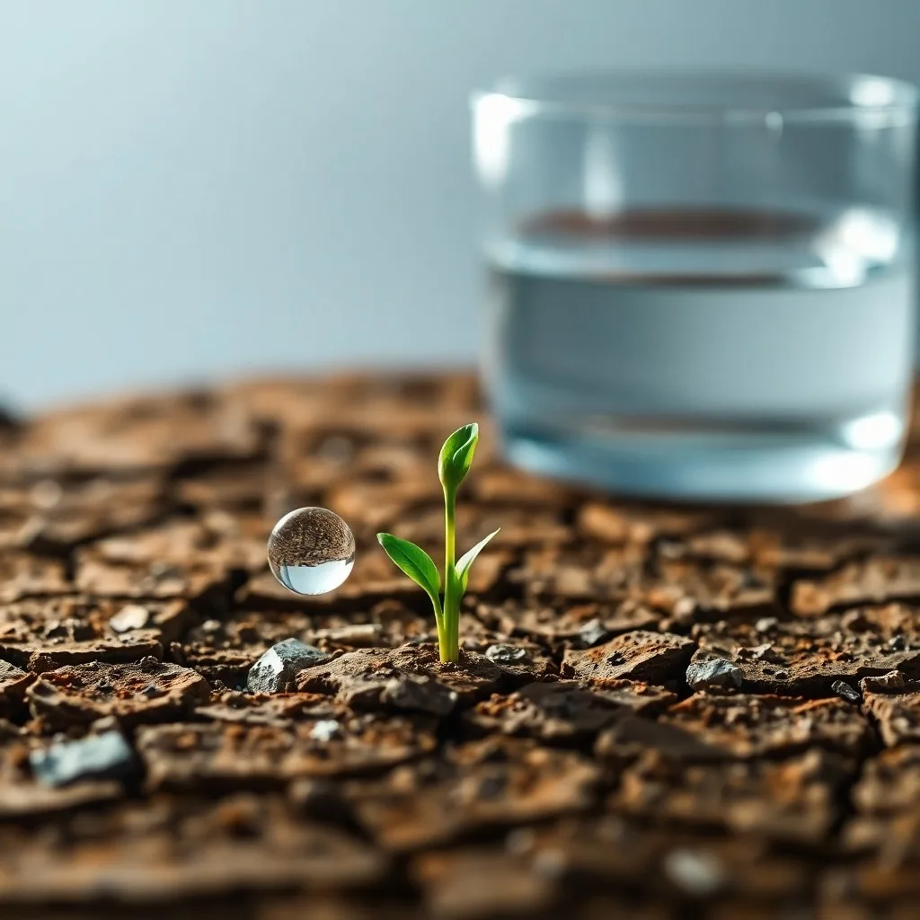 Fotografía macro de herramientas de conservación de agua, incluyendo un sistema de riego por goteo en miniatura y un filtro de agua, sobre una mesa de madera.