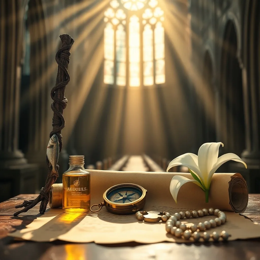 Pintura al óleo de un pergamino antiguo abierto con caligrafía hebrea, junto a una brújula vintage, con una pluma brillante flotando.