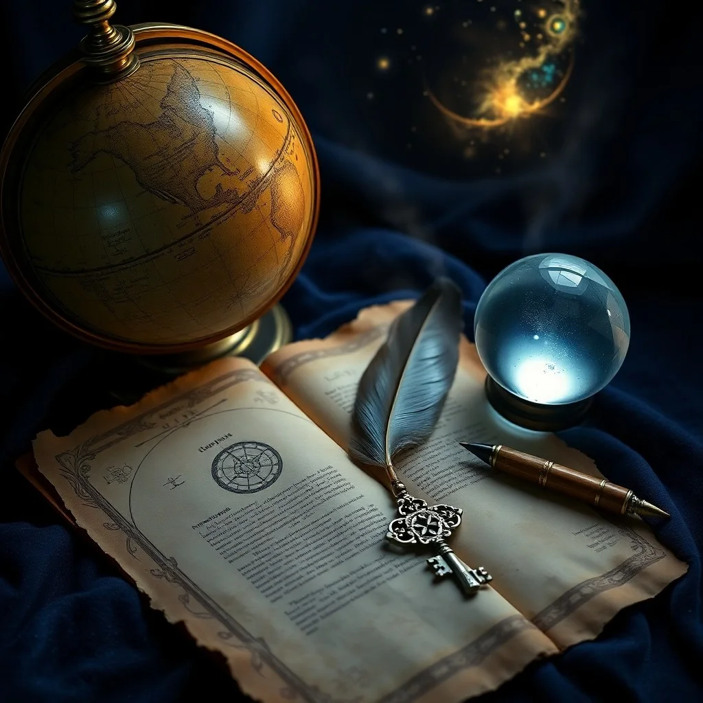 Una bola de cristal antigua sobre un paño de terciopelo, reflejando símbolos astrológicos y polvo cósmico, con un libro abierto y una pluma.