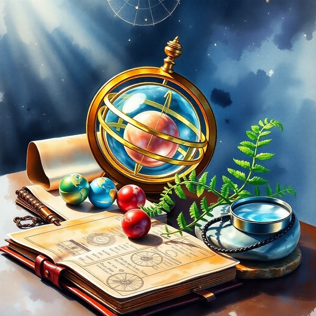 Cinematic still life of an antique brass telescope, old star charts, and a lit candle on a wooden desk.