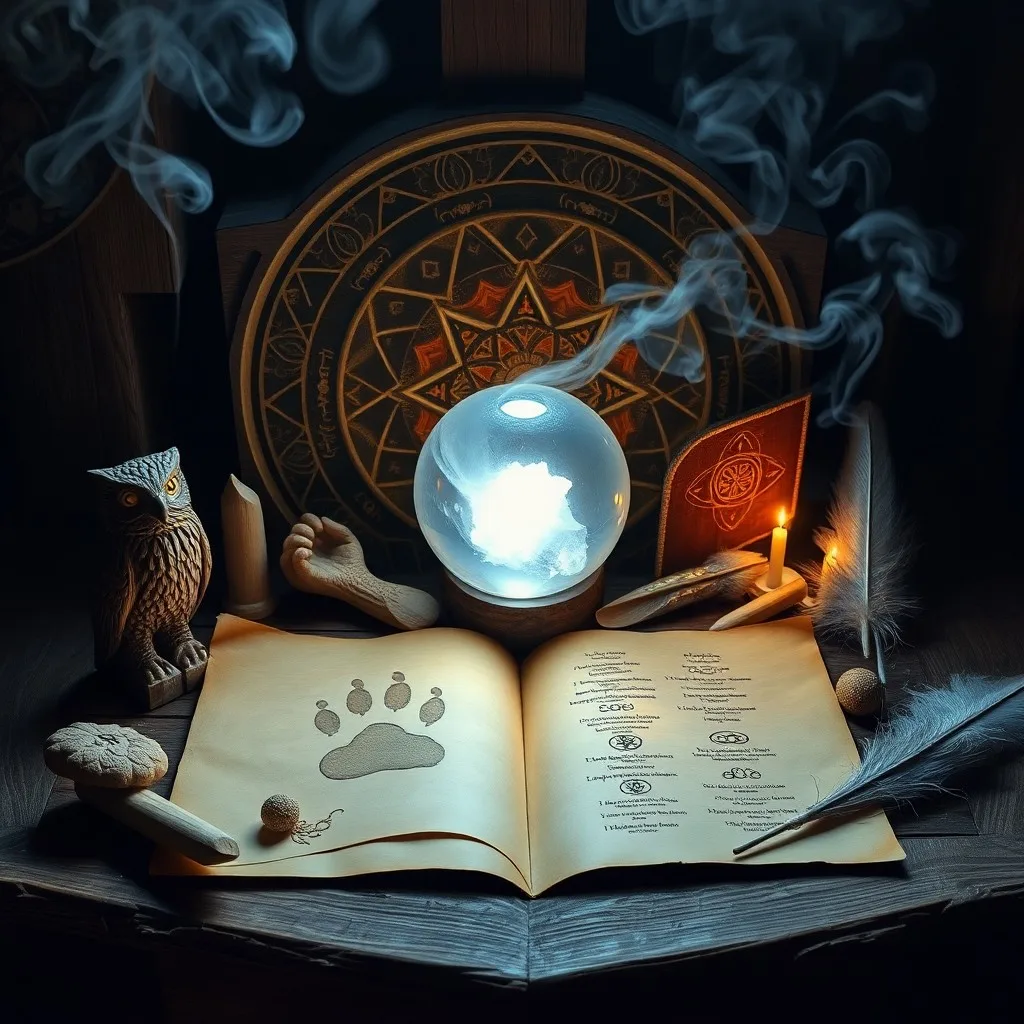 Weathered leather journal, antique compass, feather, and crystal ball on a wooden desk, bathed in mystical moonlight, symbolizing spiritual tools.