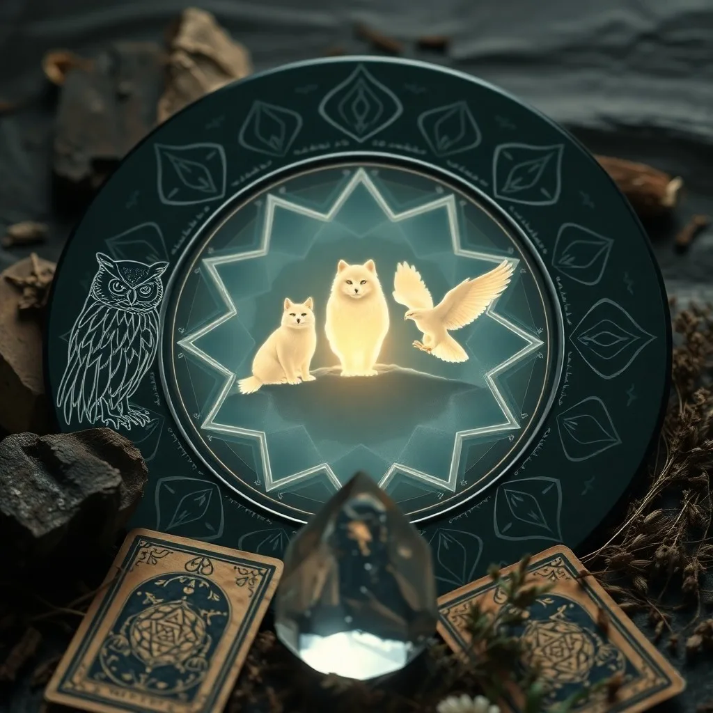 Watercolor illustration of symbolic animal elements: wolf paw print, eagle feather, bear claw, and owl eye, arranged on a mossy forest floor.