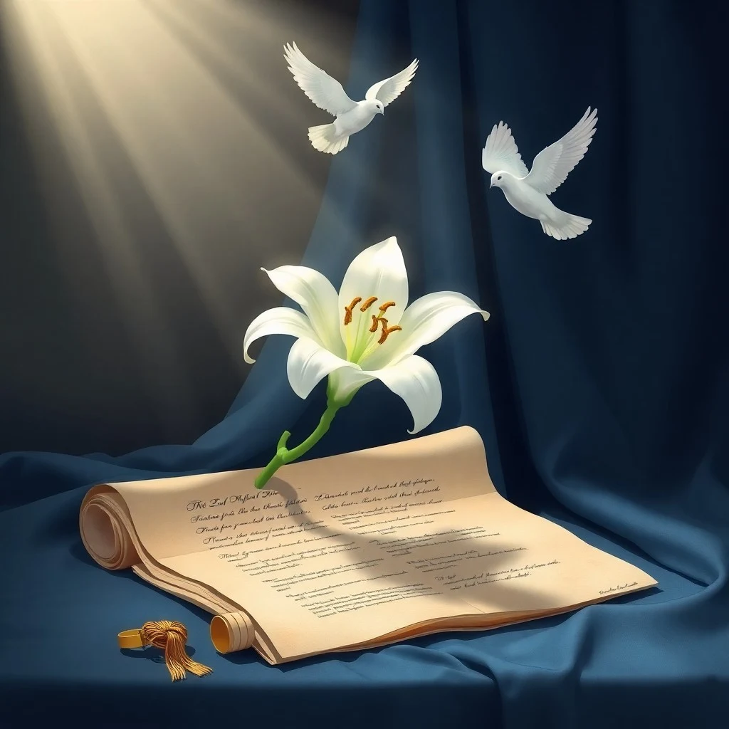 Pintura al óleo de un pergamino antiguo con escritura hebrea, iluminado por un rayo de luz, sobre un altar de piedra, con una pluma y un cuerno tallado.
