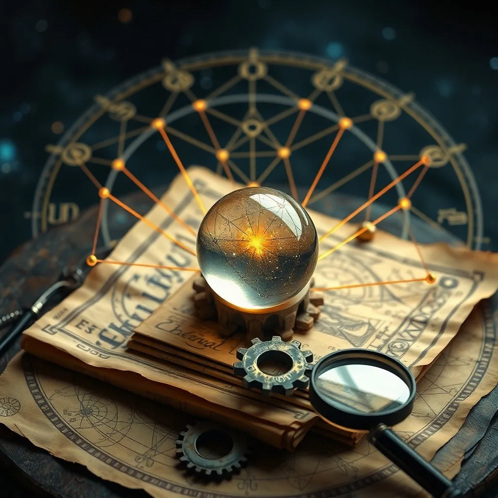 Vintage compass on an aged parchment map, surrounded by scattered antique planetary symbols and a single glowing crystal, dramatic chiaroscuro lighting