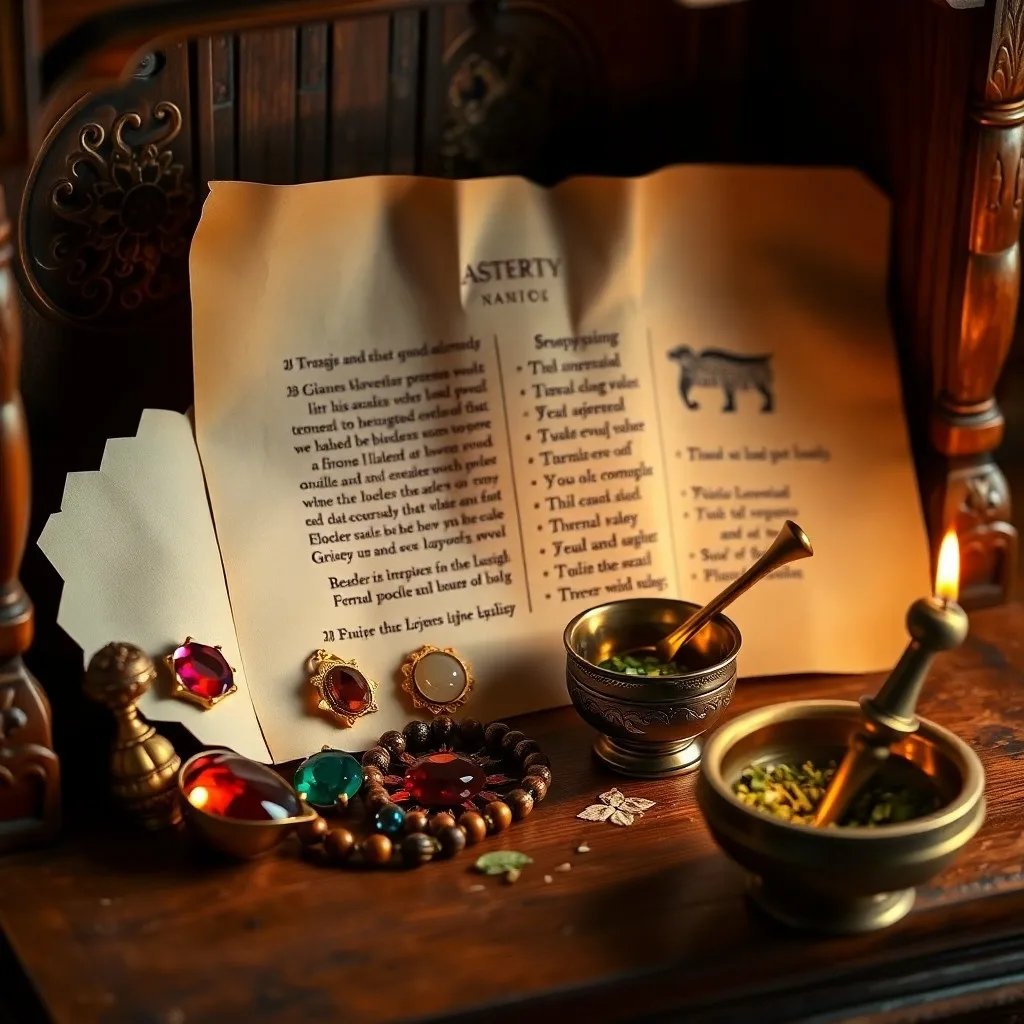 Fotografía de bodegón de una colección de gemas pulidas como rubíes, perlas, esmeraldas y zafiros, dispuestas sobre una tela de terciopelo junto a un mala de meditación de madera, con una iluminación suave y cálida.