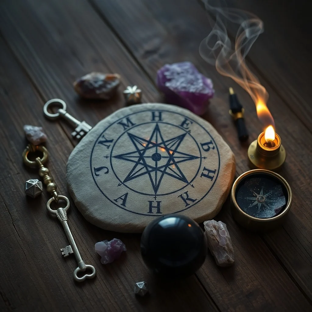 Weathered wooden desk with quill, parchment paper showing abstract sigils, dried herbs, and a flickering candle
