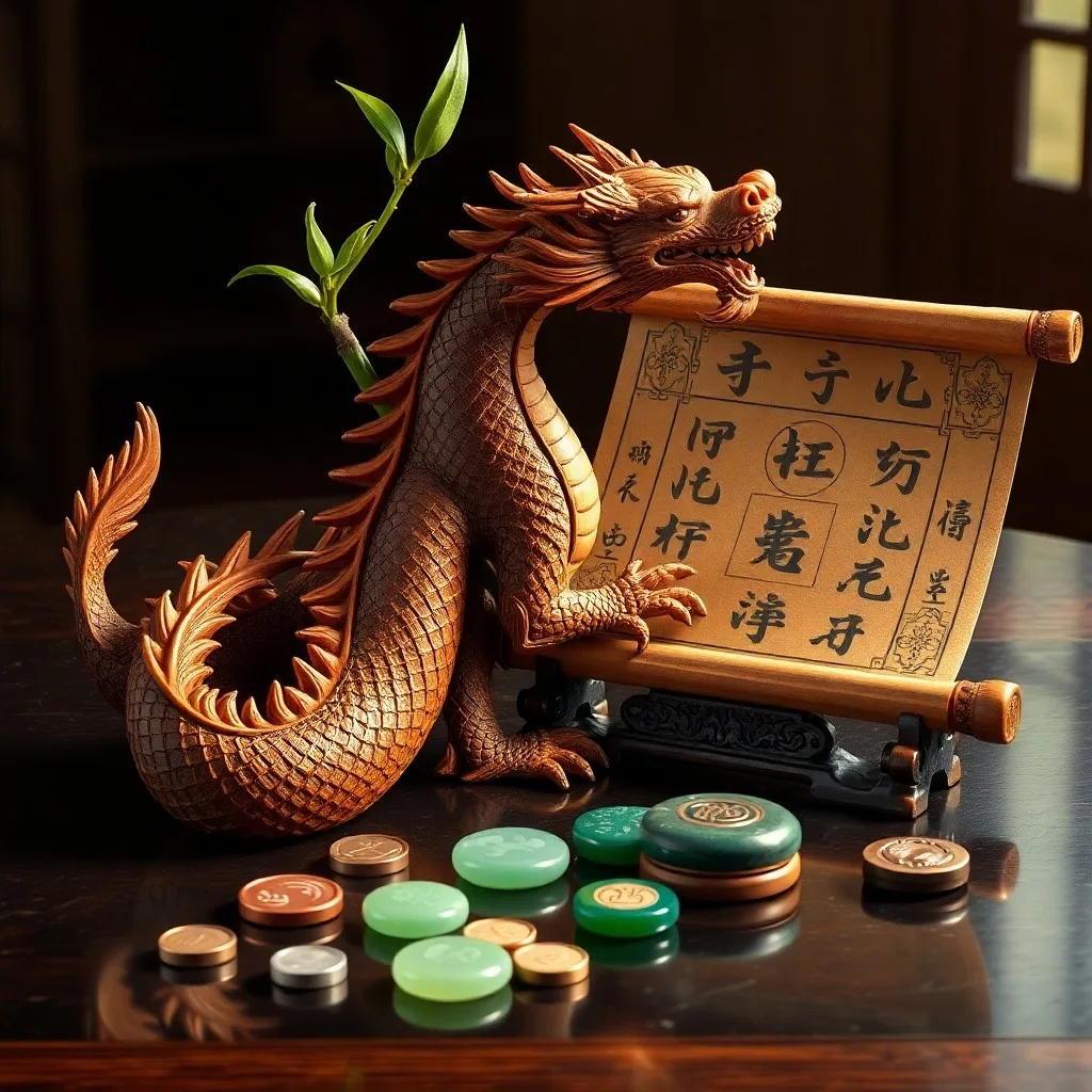 Fotografía de un pergamino chino antiguo con un dragón estilizado, rodeado de pinceles de caligrafía y tinteros sobre una mesa de madera oscura, con luz natural suave.