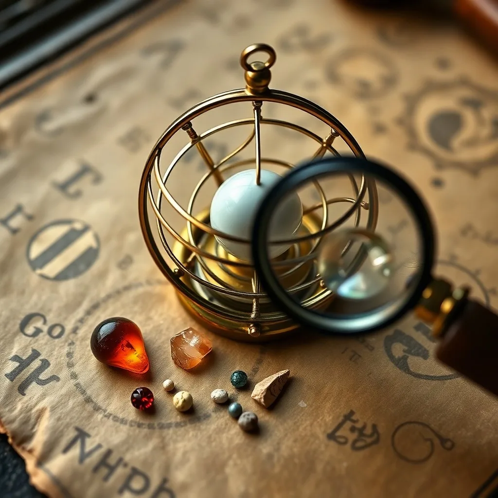 A detailed cinematic still life of an ancient astrological text open on a wooden desk, surrounded by antique astronomical instruments like an armillary sphere and a brass telescope, with soft, dramatic lighting.