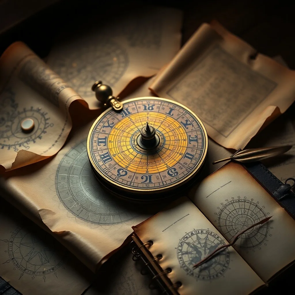 Fotografía de un antiguo almanaque astrológico abierto con un compás y cartas estelares, simbolizando el estudio de los tránsitos.