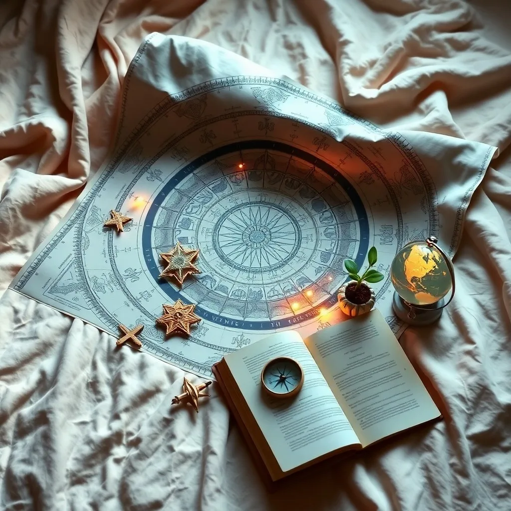 Bodegón cinematográfico de un escritorio antiguo con un telescopio, libros de astrología y un juguete de madera, simbolizando la guía y el aprendizaje en la astrología infantil.