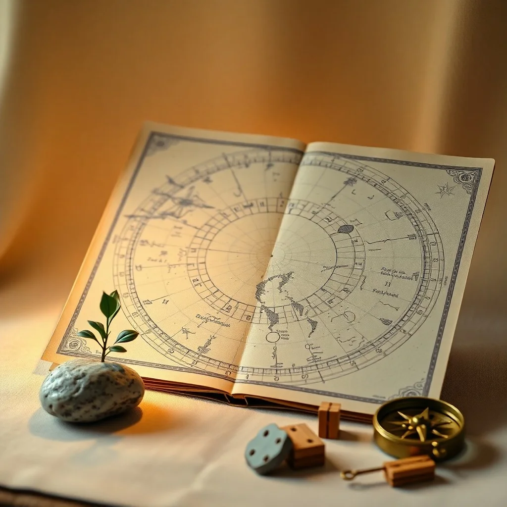 Pintura de acuarela de bloques de construcción y crayones formando patrones celestiales, con un orbe de cristal, simbolizando los talentos innatos y la creatividad infantil.