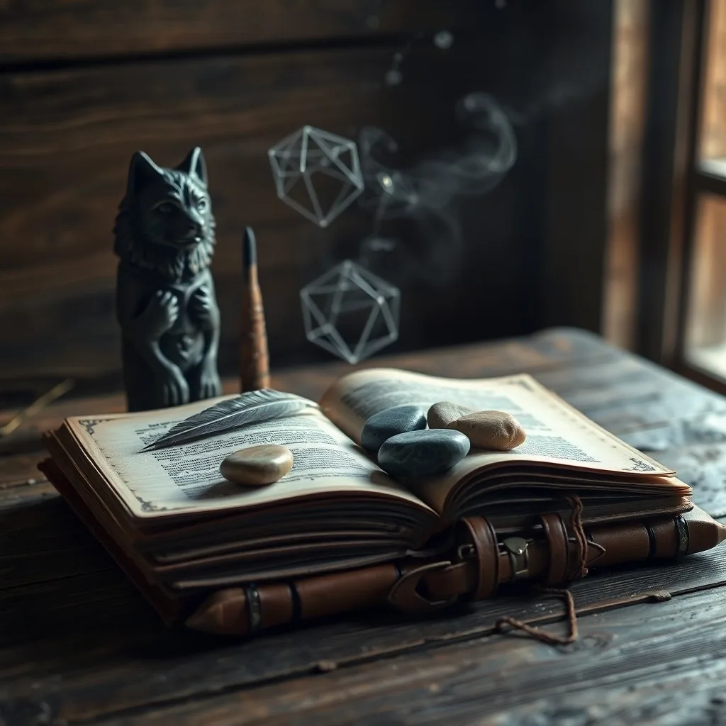 Worn leather journal with animal sketches, river stones, feather, dried sage on wooden table, cinematic still life.