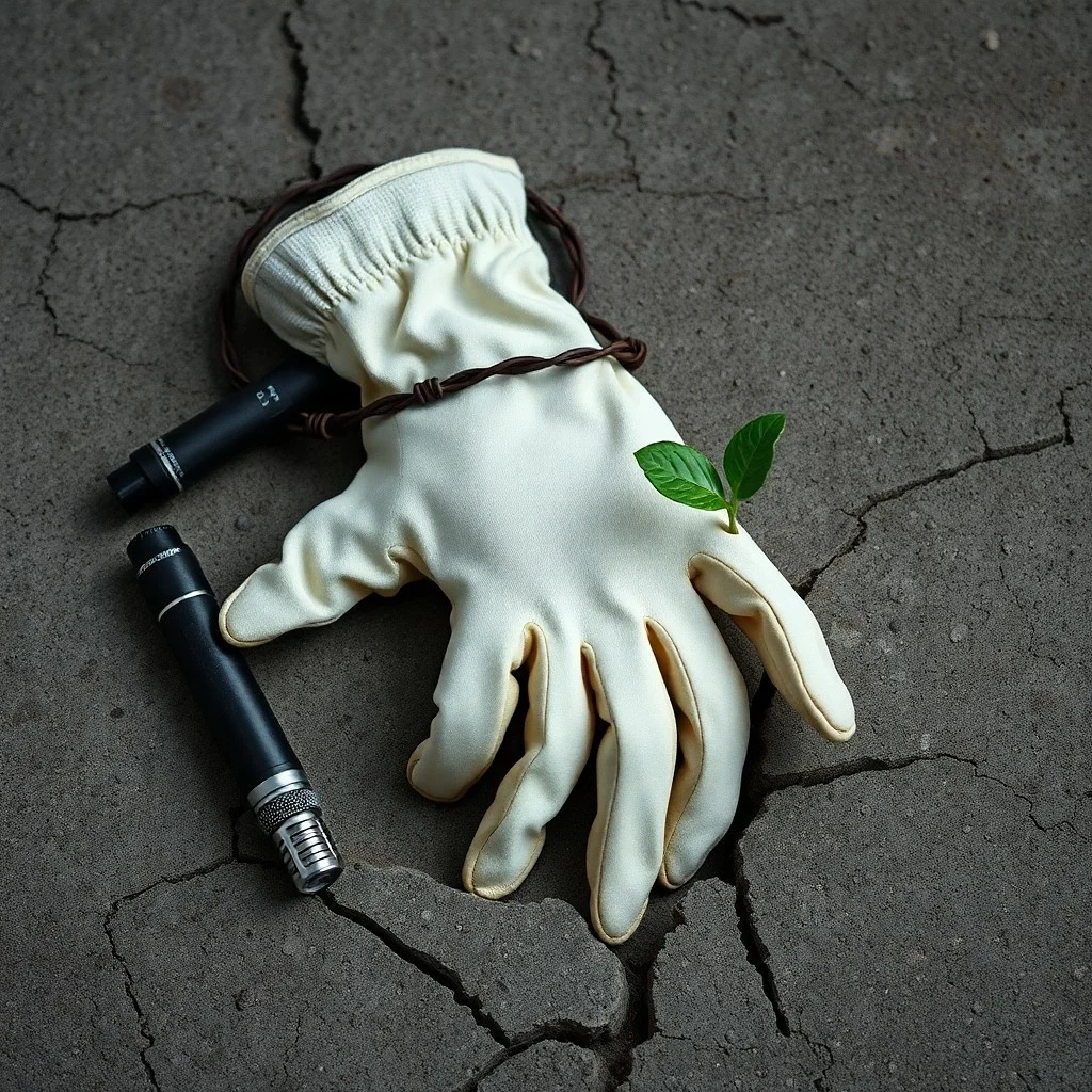 Obra de arte conceptual de una valla de alambre rota con sombras largas sobre una flor silvestre en un paisaje urbano desolado, simbolizando resiliencia y esperanza