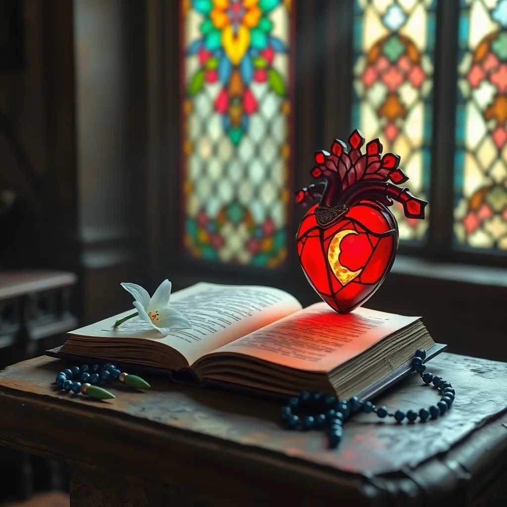 Fotografía vintage de un rosario de madera sobre un libro de oraciones, con una vela encendida.