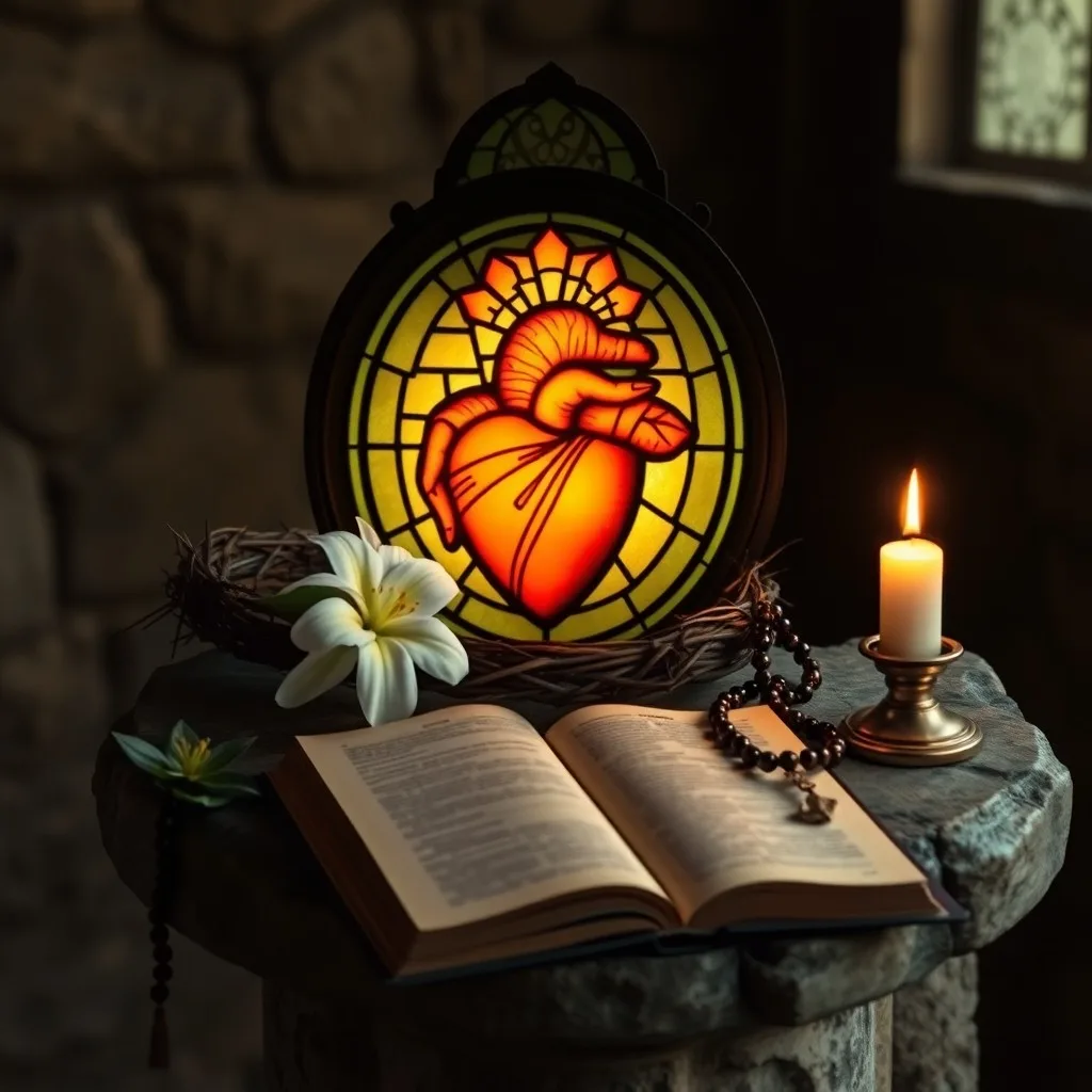 Pintura abstracta de un corazón carmesí con espinas y luz dorada, simbolizando sacrificio y amor divino.