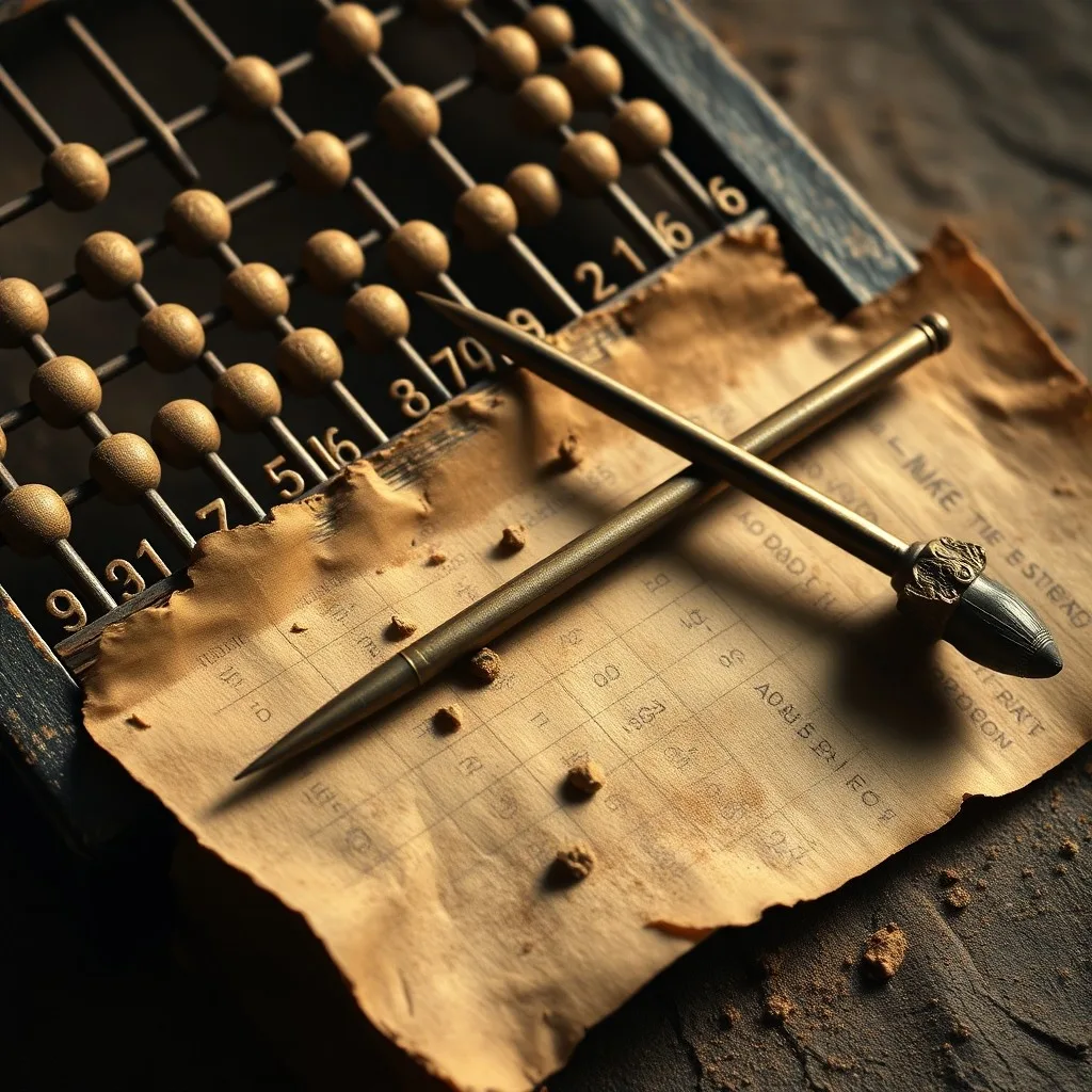 Fotografía de bodegón de instrumentos matemáticos antiguos: un papiro, un estilete y fichas de piedra sobre una mesa de madera.