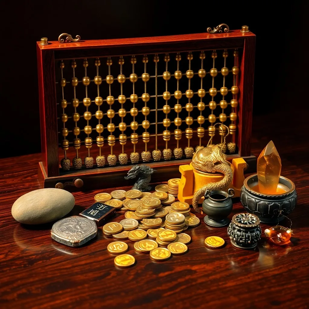 Cinematic still life of an antique abacus on a silk scroll with jade coins and a bonsai tree, symbolizing financial wisdom and growth.