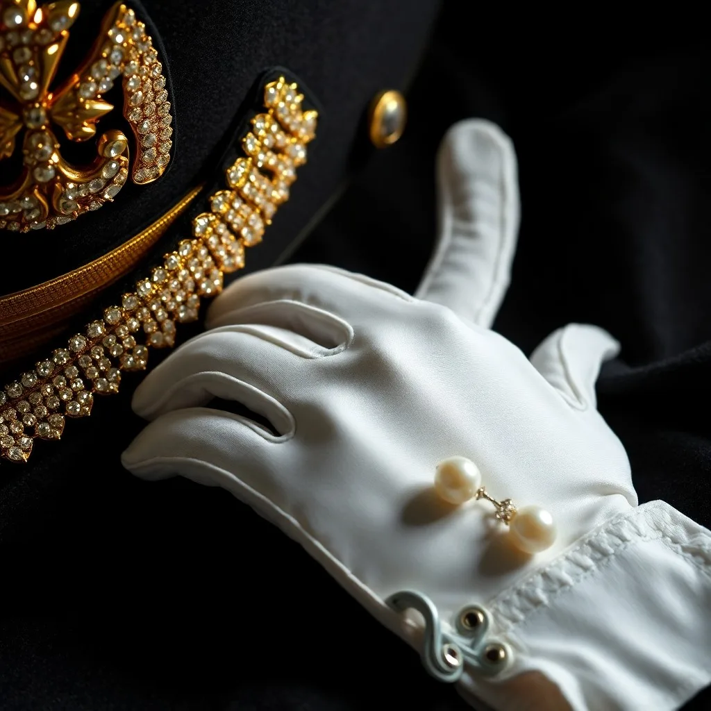 Maniquí vintage con epauletas militares y un guante enjoyado en un tocador opulento, simbolizando el impacto mediático de la moda de Michael Jackson.
