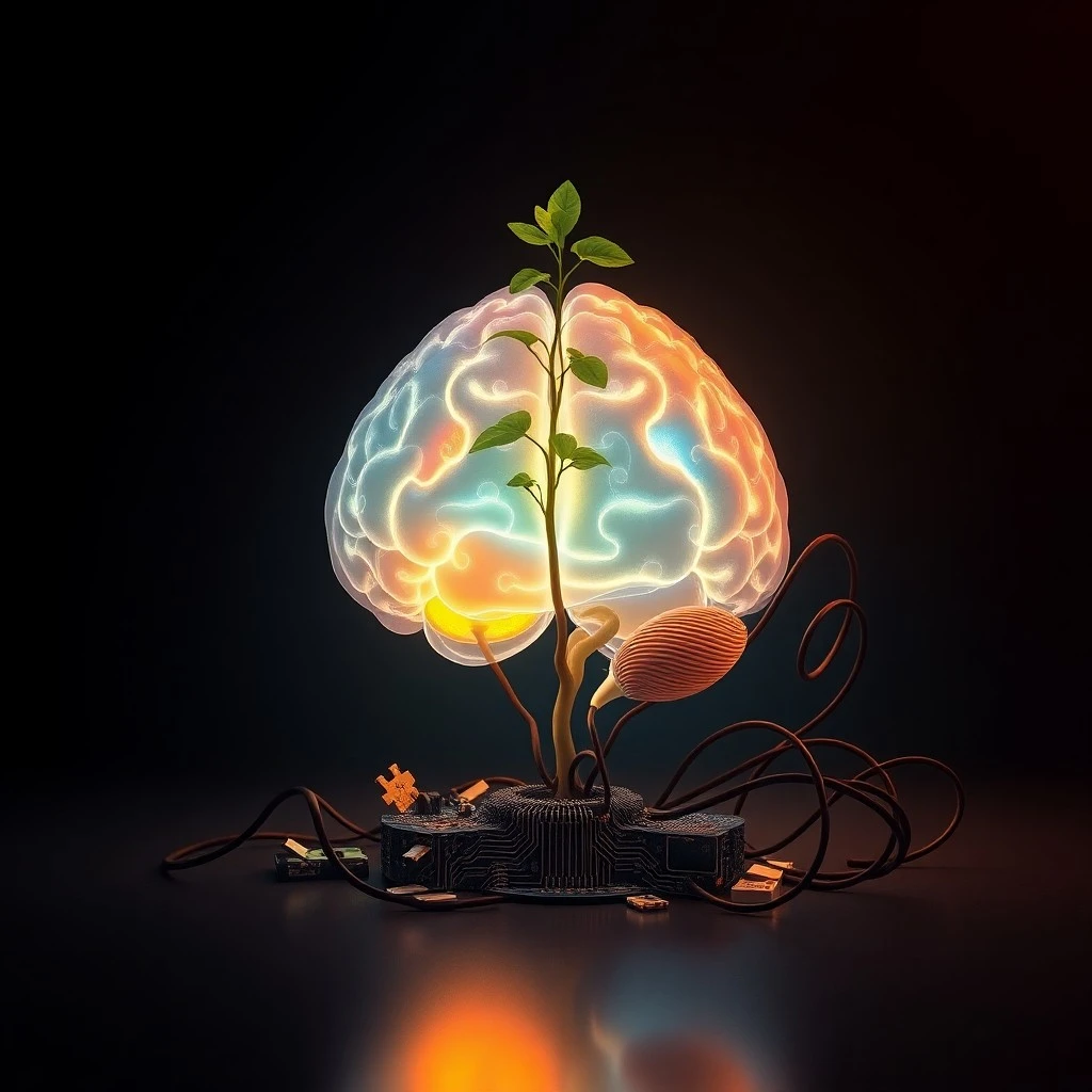 Representación 3D de un escritorio ordenado con una consola de videojuegos retro, libros de neurociencia, gafas de luz azul y una planta, simbolizando el equilibrio entre juego y estudio.
